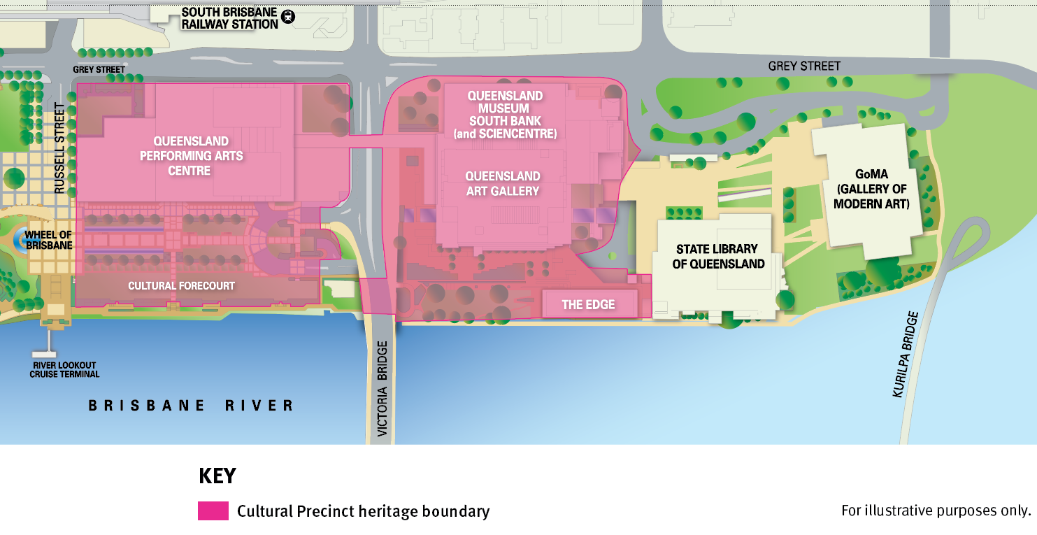 Cultural Precinct heritage boundary diagram, including the Queensland Performing Arts Centre, Cultural Forecourt, Queensland Museum South Bank (and Sciencecentre), Queensland Art Gallery and The Edge. Diagram is for illustrative purposes only
